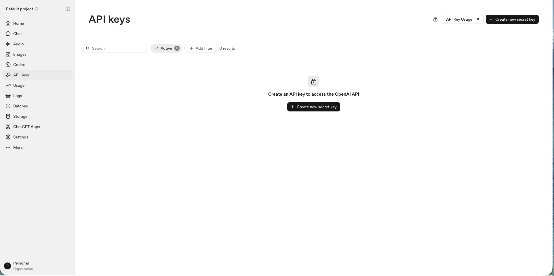 OpenAI Platform left sidebar showing the API keys navigation item
