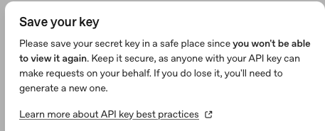 OpenAI Save your key dialog showing the copy button and one-time display warning